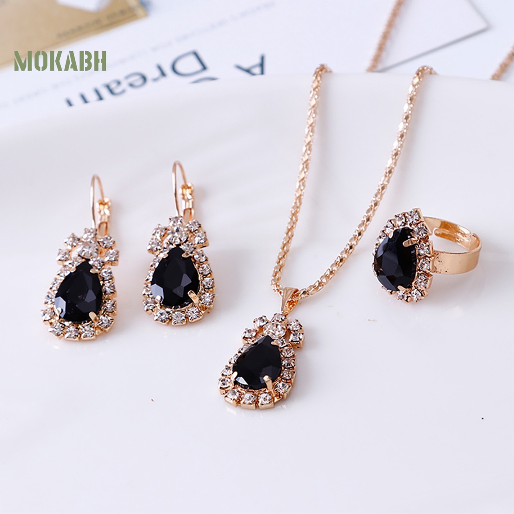 [Mok Abh] Set Vòng cổ + Nhẫn + Bông Tai Hình Giọt Nước Đính Đá Lấp Lánh Thời Trang Dự Tiệc Cho Nữ