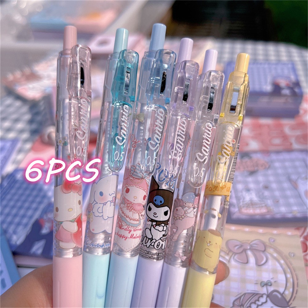 SANRIO Set 6 Bút Mực Đen Mực Gel ABS Nhanh Khô Làm Quà Tặng Cho Học Sinh