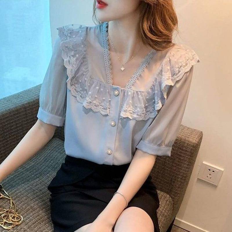 Áo Chiffon Ngắn Tay Phối Ren Bèo Nhún Nữ Tính