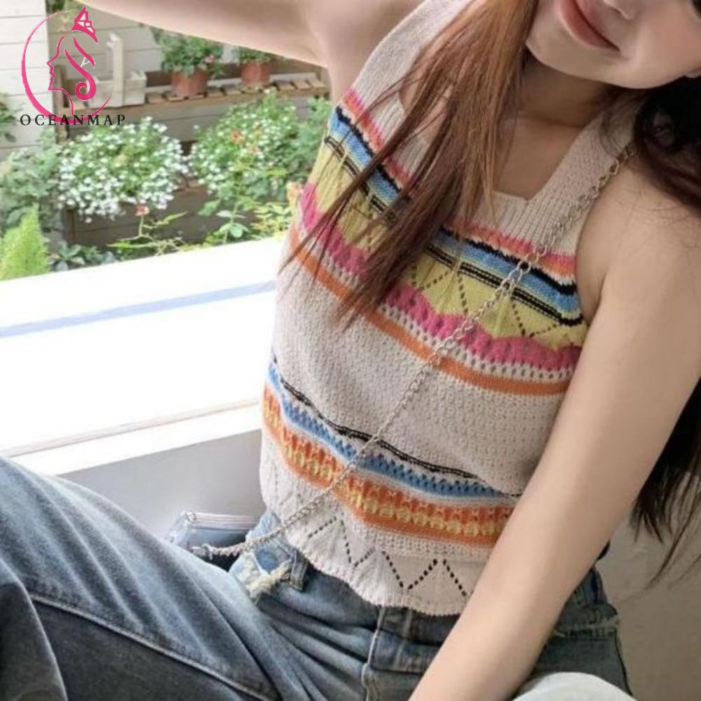 OCEANMAP Áo Hai Dây Bằng Polyester Phong Cách Bohemian Thời Trang