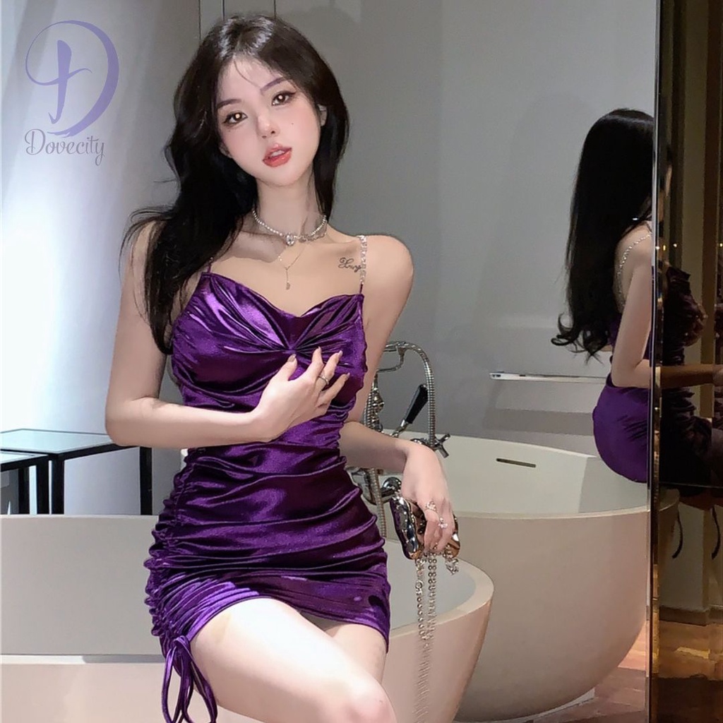 Đầm Hai Dây Cổ Chữ V Chất Liệu Satin Co Giãn Thời Trang Cho Nữ