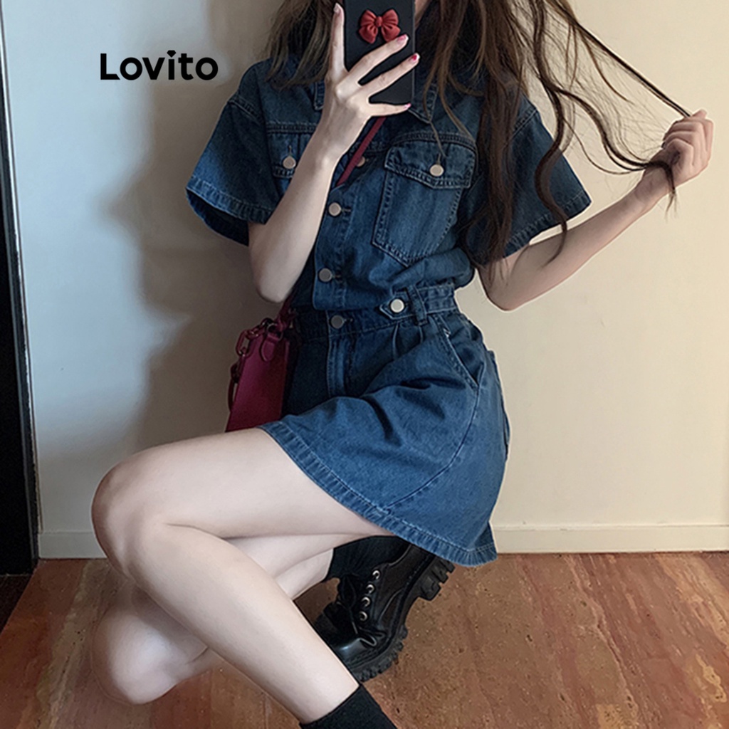 Lovito Đầm denim thô có túi màu trơn giản dị dành cho nữ LNA09006 (Màu xanh da trời)