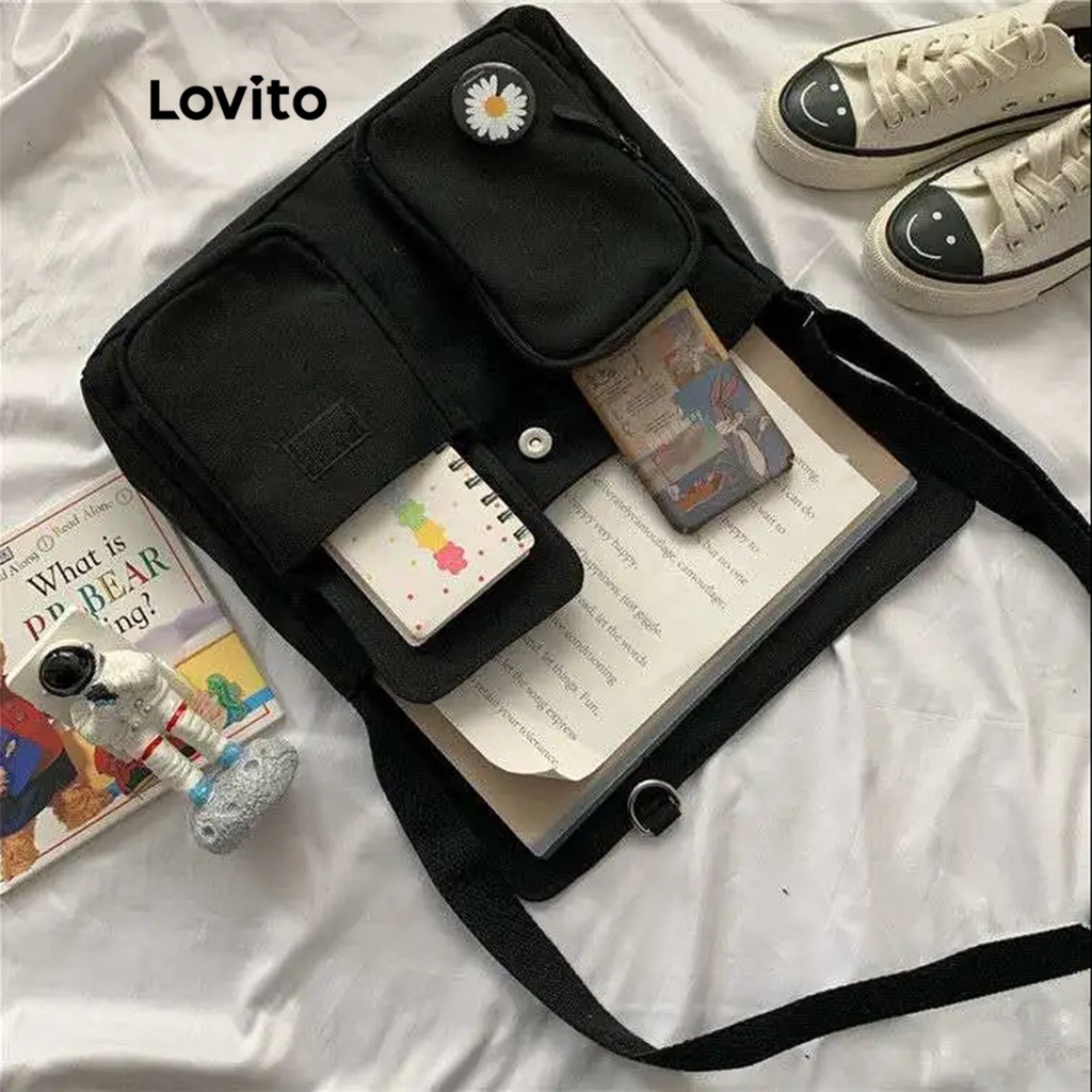 Lovito Túi tote đeo vai màu trơn đơn giản cho nữ LNA09114 (Trắng đen)