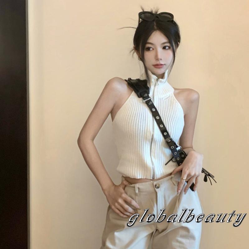 Áo Croptop Dệt Kim Sát Nách Màu Sắc Đơn Giản Phối Khóa Kéo Thời Trang Mùa Hè Cho Nữ