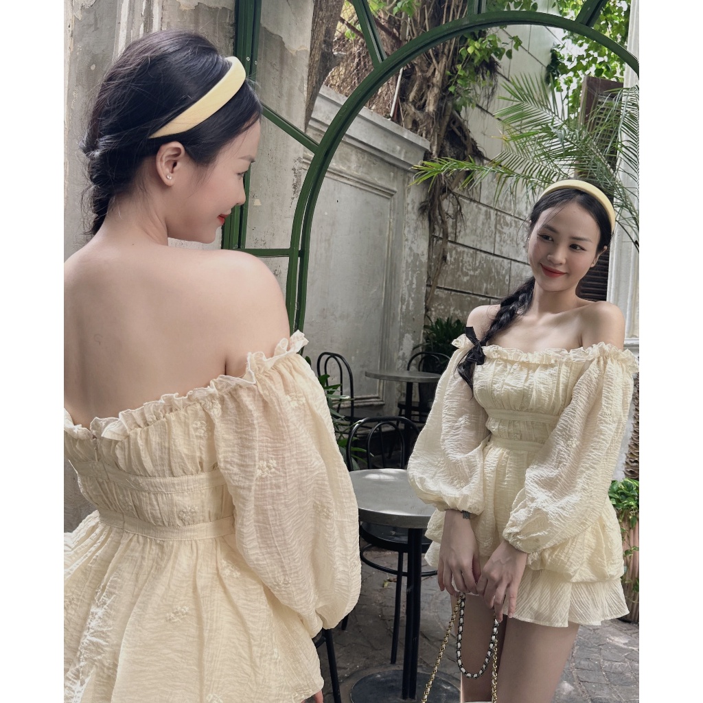 Set áo nude hoa nổi trễ vai + chân váy