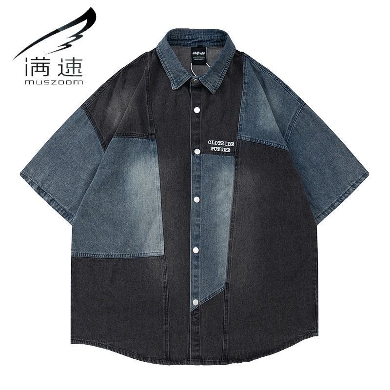 Áo Sơ Mi Denim Tay Ngắn Dáng Rộng Phối Màu Sắc Tương Phản Phong Cách Retro Dành Cho Cặp Đôi