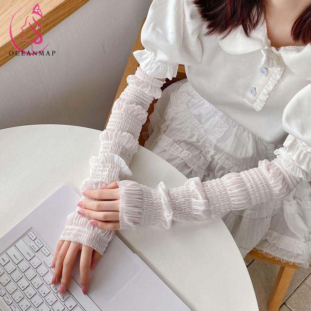 OCEANMAP Găng Cánh Tay Bằng Lụa Lạnh Mỏng Phối Ren Co Giãn Chống Nắng Và Tia UV Khi Lái Xe