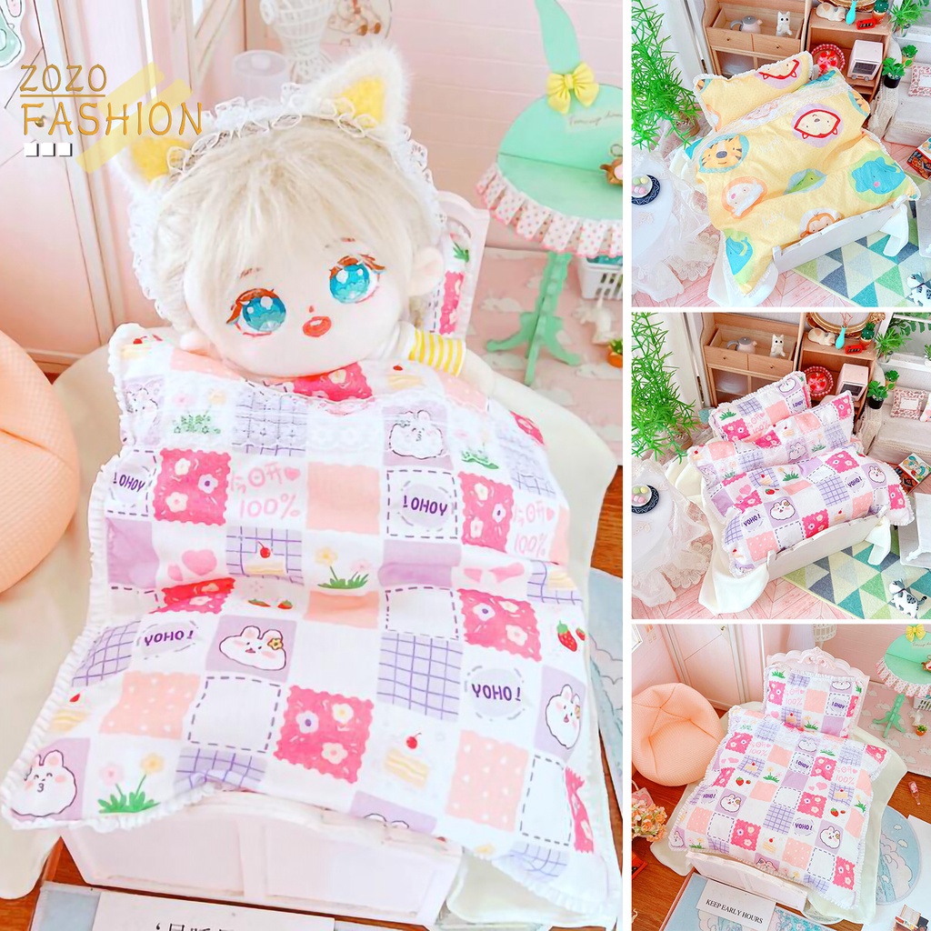 Bộ 3 Món Gối + Ga Giường + Búp Bê Vải Mềm Mại In Họa Tiết Màu Sắc Tươi Sáng Thời Trang Cho Bé
