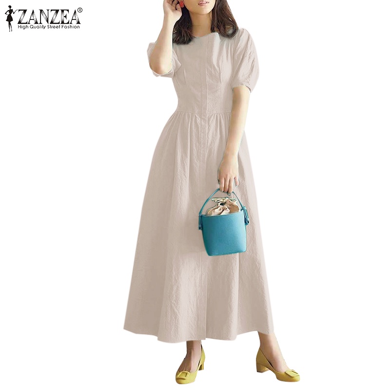 Đầm chữ A ZANZEA tay ngắn phồng cổ tròn phong cách Hàn Quốc thời trang cho nữ