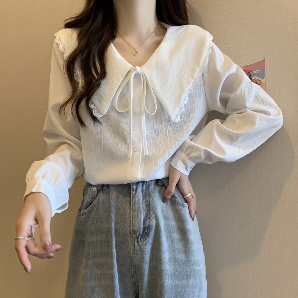 Áo Sơ Mi Tay Dài Màu Sắc Trơn Có Dây Cột Phong Cách Pháp Thời Trang Xuân Hè Cho Nữ