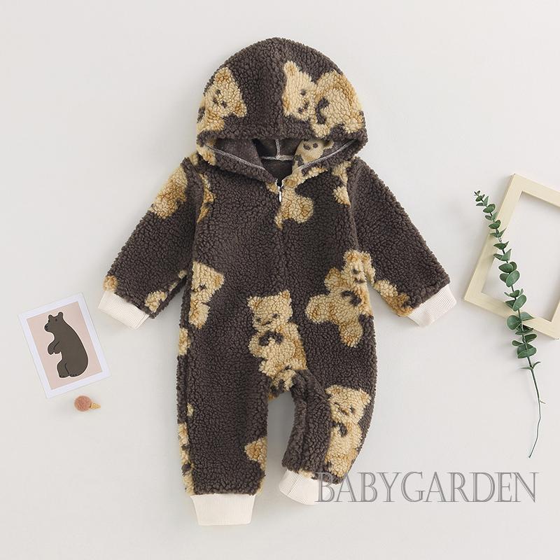 Bộ Áo Liền Quần Tay Dài Có Nón In Hình Gấu Hoạt Hình Có Khóa Kéo Dành Cho Bé Gái 0-24 Tháng Tuổi