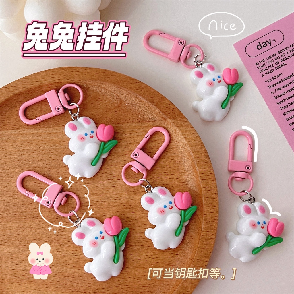 Móc Khóa Hình Hoa Tulip Và Thỏ Dễ Thương