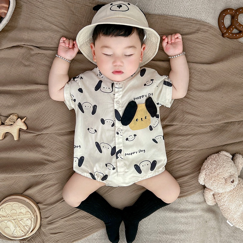 Áo Liền Quần Tay Ngắn In Hình Chú Chó Hoạt Hình Đáng Yêu Thời Trang Hè Phong Cách Hàn Quốc Cho Bé Từ 0-24 Tháng