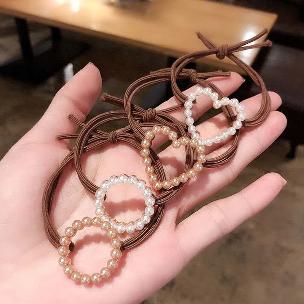 1 Dây Buộc Tóc Da Đính Ngọc Trai Hình Trái Tim Phong Cách Retro Pháp