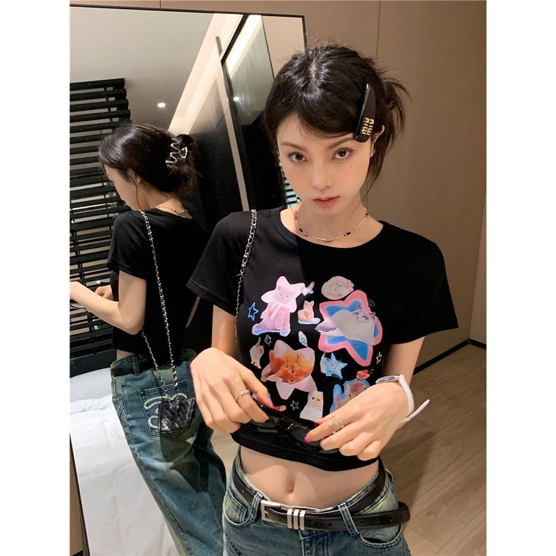 Áo Baby Tee Thun Croptop Nữ Tay Ngắn Hở Vai Dáng Ôm In Hình Mèo Thời Trang Mùa Hè Hàng Mới Dành Cho Bạn Nữ
