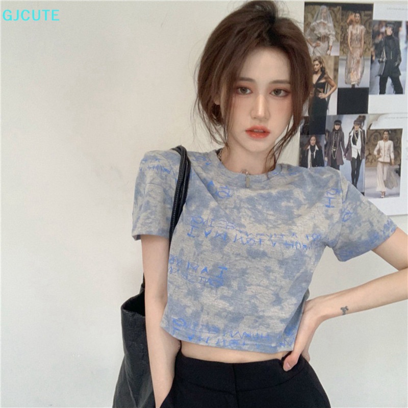 Áo Thun Crop Top Tay Ngắn Cổ Tròn Nhuộm Màu Thời Trang Mùa Hè Cho Nữ