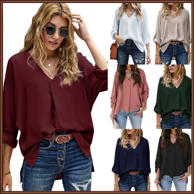 Áo Sơ Mi Tay Dài Cổ Chữ V Màu Sắc Thời Trang Dành Cho Nữ