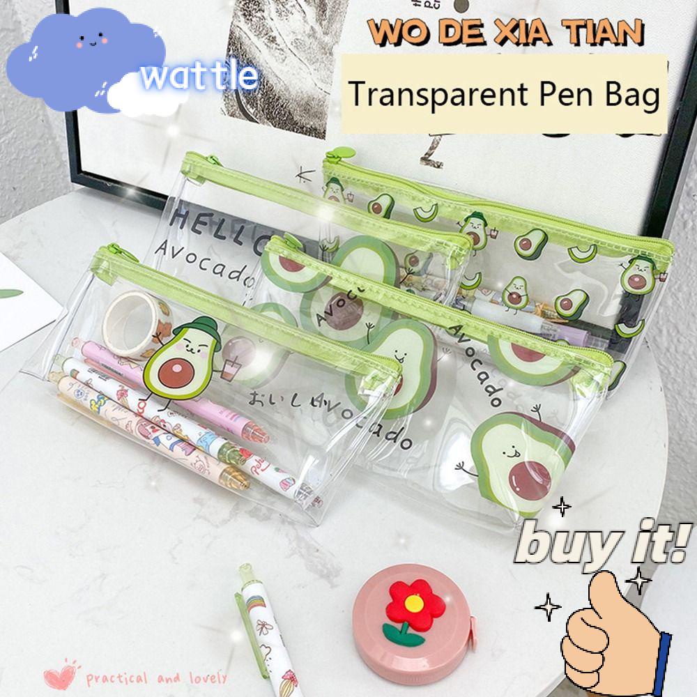 WATTLE Túi Đựng Bút Bằng PVC Trong Suốt Sức Chứa Lớn Chống Thấm Nước In Họa Tiết Hoa / Trái Cây Chất Lượng Cao Cho Học Sinh