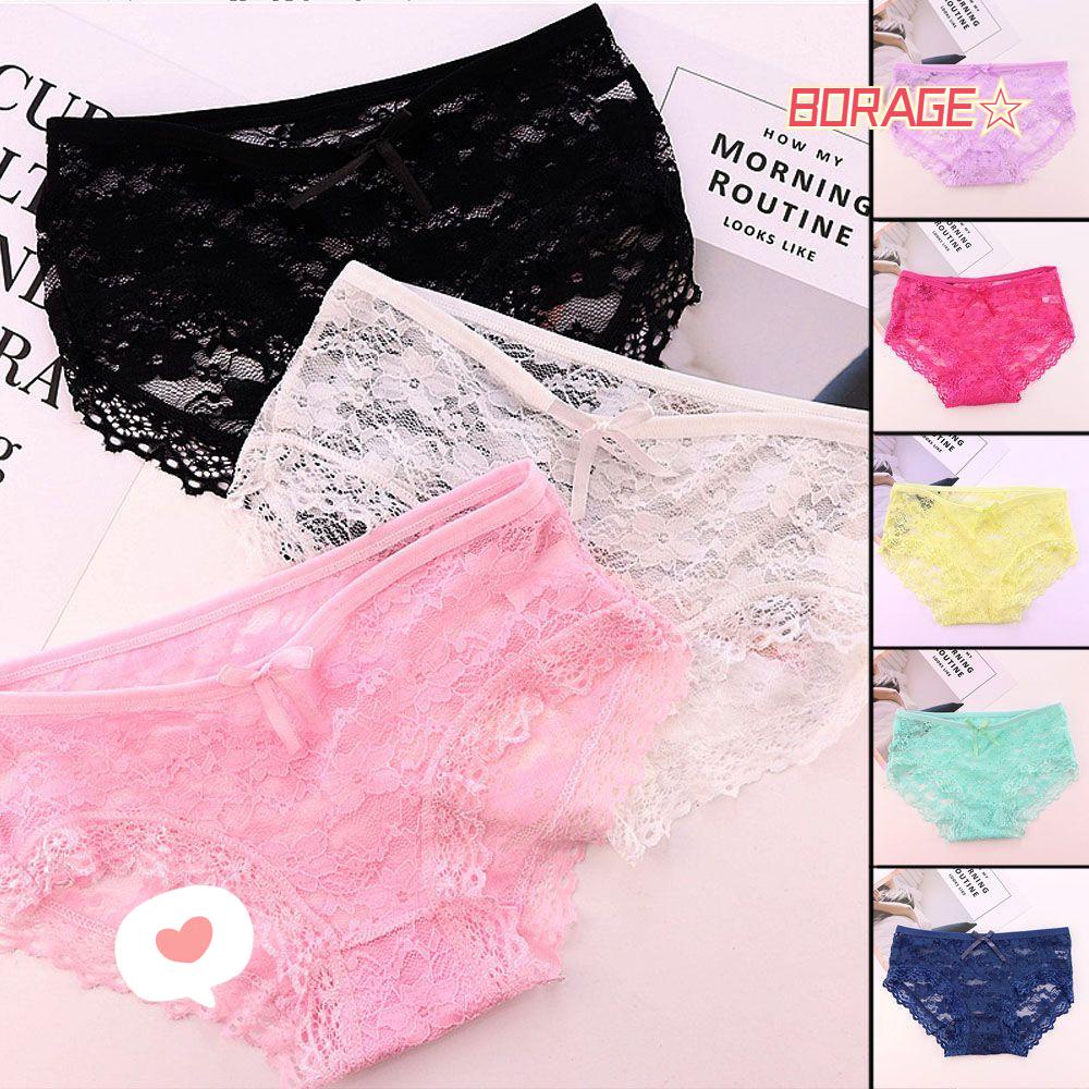 BORAG Quần Lót Ren Hoa Trong Suốt Lưng Thấp Đính Nơ Gợi Cảm Cho Phái Nữ