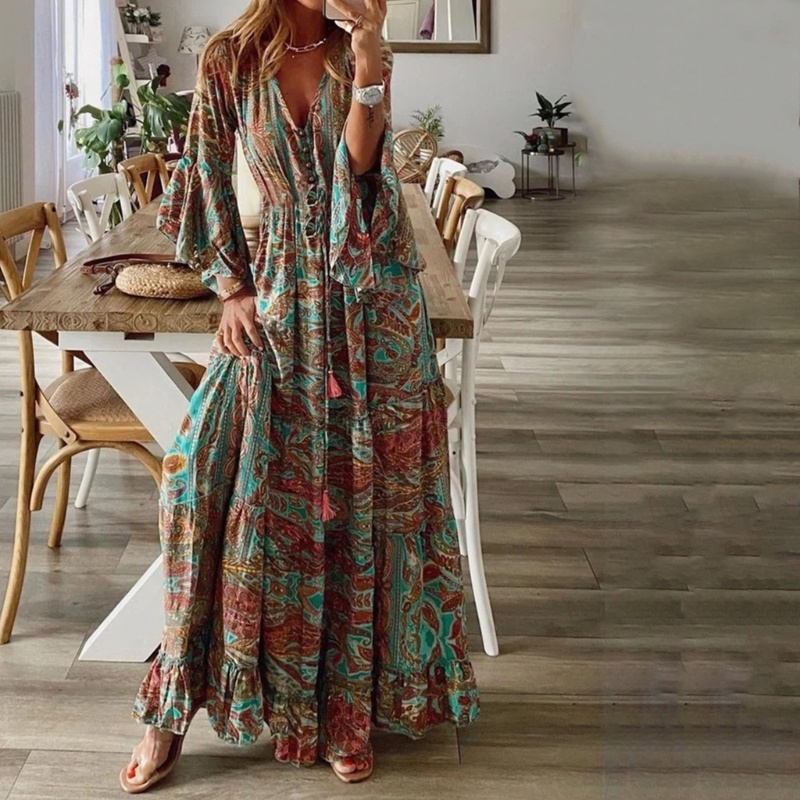 Đầm Dài Maxi Cổ Chữ V Tay Loe In Họa Tiết Hoa Thời Trang Mùa Hè Xinh Xắn Cho Nữ