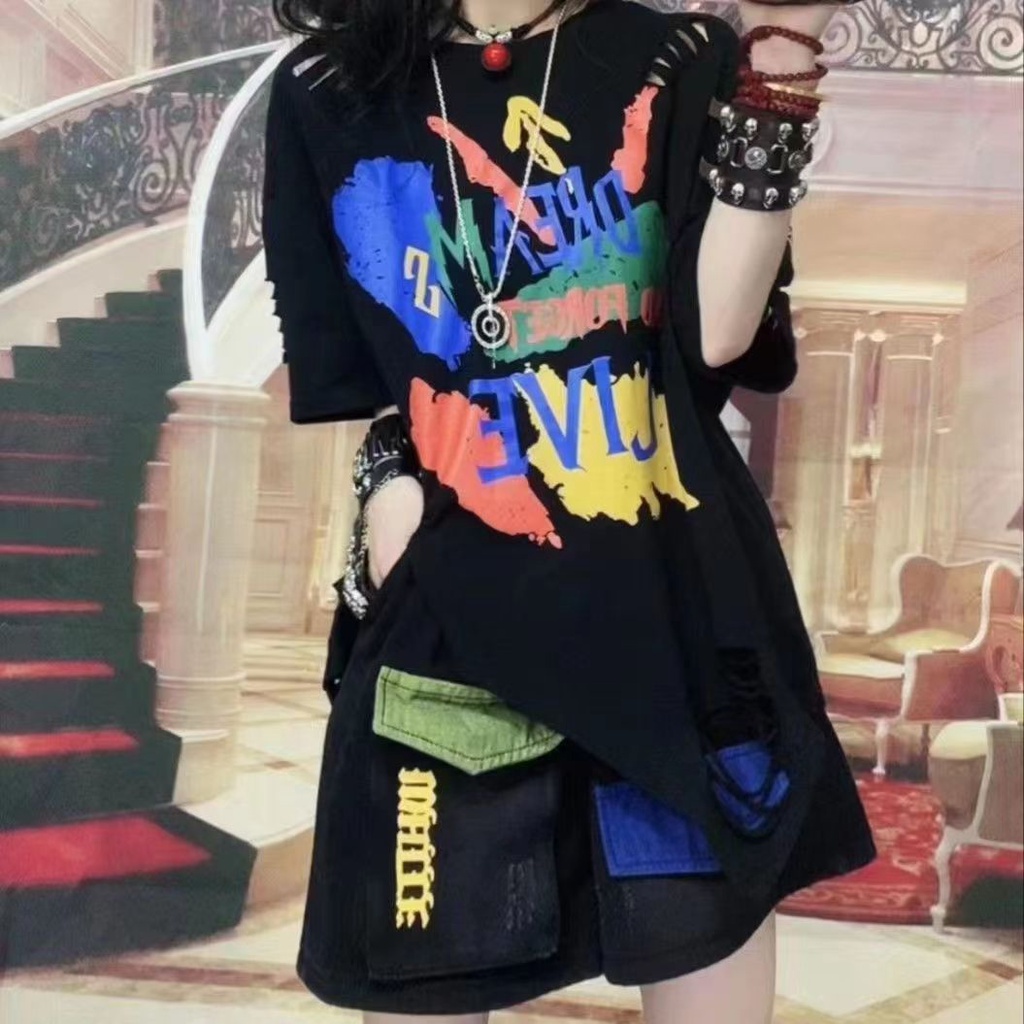 Áo Thun Rách Dáng Rộng Thời Trang Mùa Hè 2023 Dành Cho Nữ