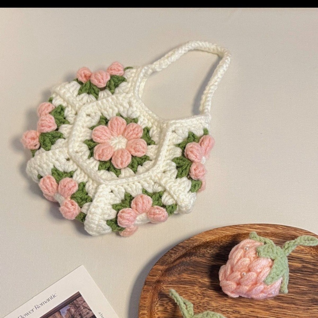 Xiaohongshu Túi Dệt Thủ Công Phối Màu Họa Tiết Hoa Anh Đào Phong Cách Năm Mới