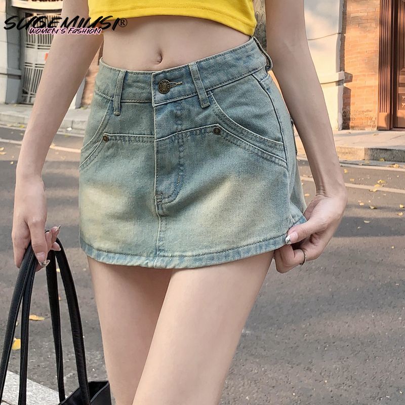 Chân Váy Denim Màu Sắc Tươi Sáng Phong Cách Retro Dành Cho Nữ