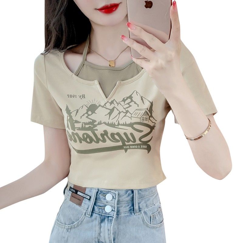 Áo Thun Ngắn Tay Giả Hai Lớp Phong Cách Mới Cho Nữ