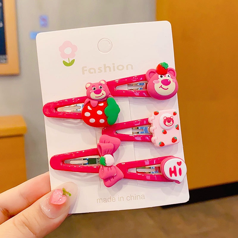 Set 5 Kẹp Tóc Hình Gấu / Dâu Tây Hoạt Hình Dễ Thương Cho Bé Gái