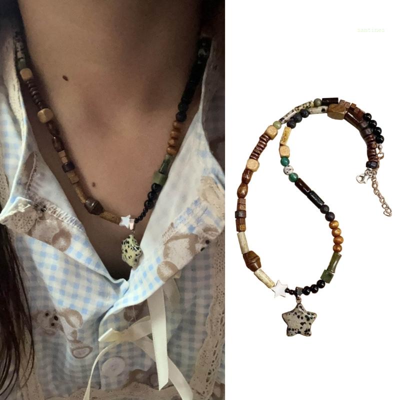 Vòng cổ Chuỗi Hạt Đá Tự Nhiên Mặt Ngôi Sao Màu Đen Phong Cách Trung Hoa Độc Đáo