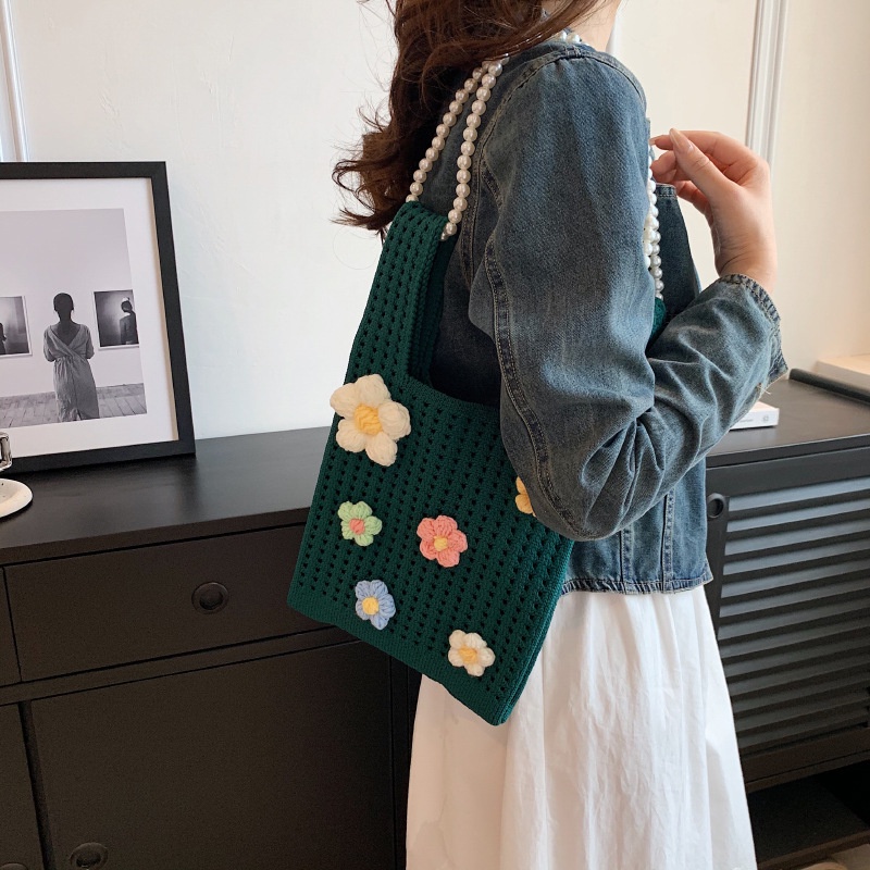 Túi Tote Đeo Vai Mùa Hè 2023 Bằng Vải Dệt Kim Phối Dây Xích Ngọc Trai Rỗng Xách Tay Cho Nữ