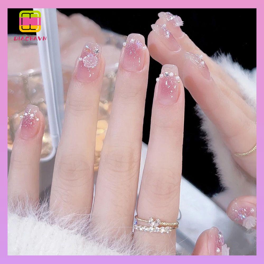 DIACHAVN Bộ 24 Móng Tay Giả Màu Hồng Có Thể Tái Sử Dụng Che Phủ Toàn Diện Phong Cách Pháp Cho Nữ