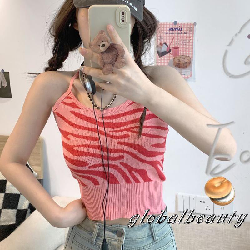 Áo Croptop Hai Dây Dệt Kim Mỏng Họa Tiết Ngựa Vằn Thời Trang Mùa Hè Cho Nữ