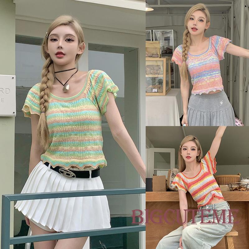 Áo Thun Lửng Ngắn Tay Họa Tiết Sọc Ngang Thời Trang Dành Cho Nữ