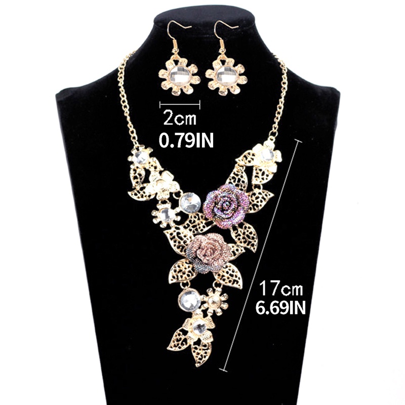 Bộ Vòng cổ + Bông Tai Đính Đá Hình Hoa Lá Khoét Rỗng Cho Nữ