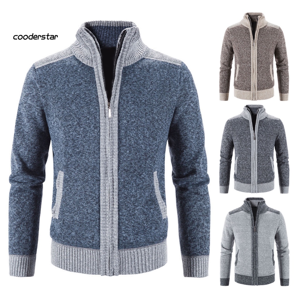 Áo Khoác Sweater Dệt Kim Tay Dài Cổ Đứng Khóa Kéo Phối Màu Cá Tính Cho Nam