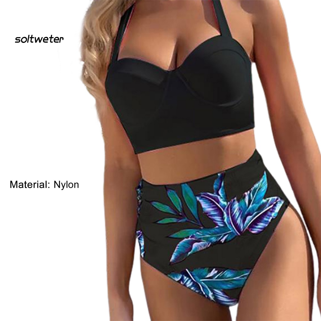 Bộ Đồ Bơi Bikini Hai Mảnh Lưng Cao Có Đệm Ngực In Họa Tiết Lá Cây Dành Cho Nữ