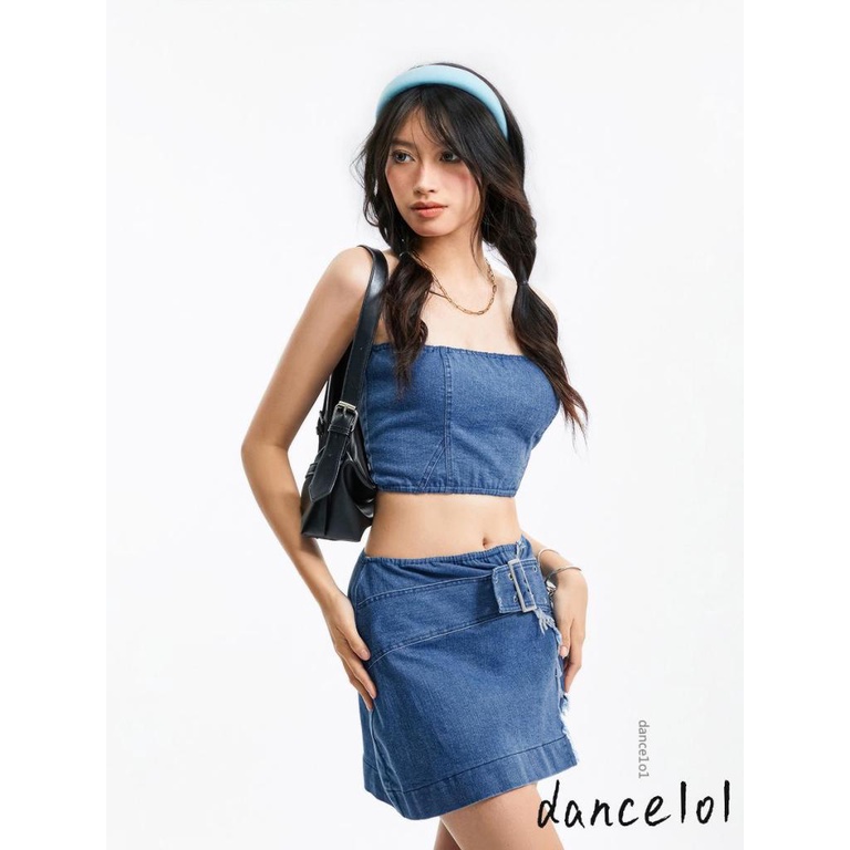 Set Áo Denim 1O1 Trễ Vai + Chân Váy Ôm Hông Thời Trang Dành Cho Nữ