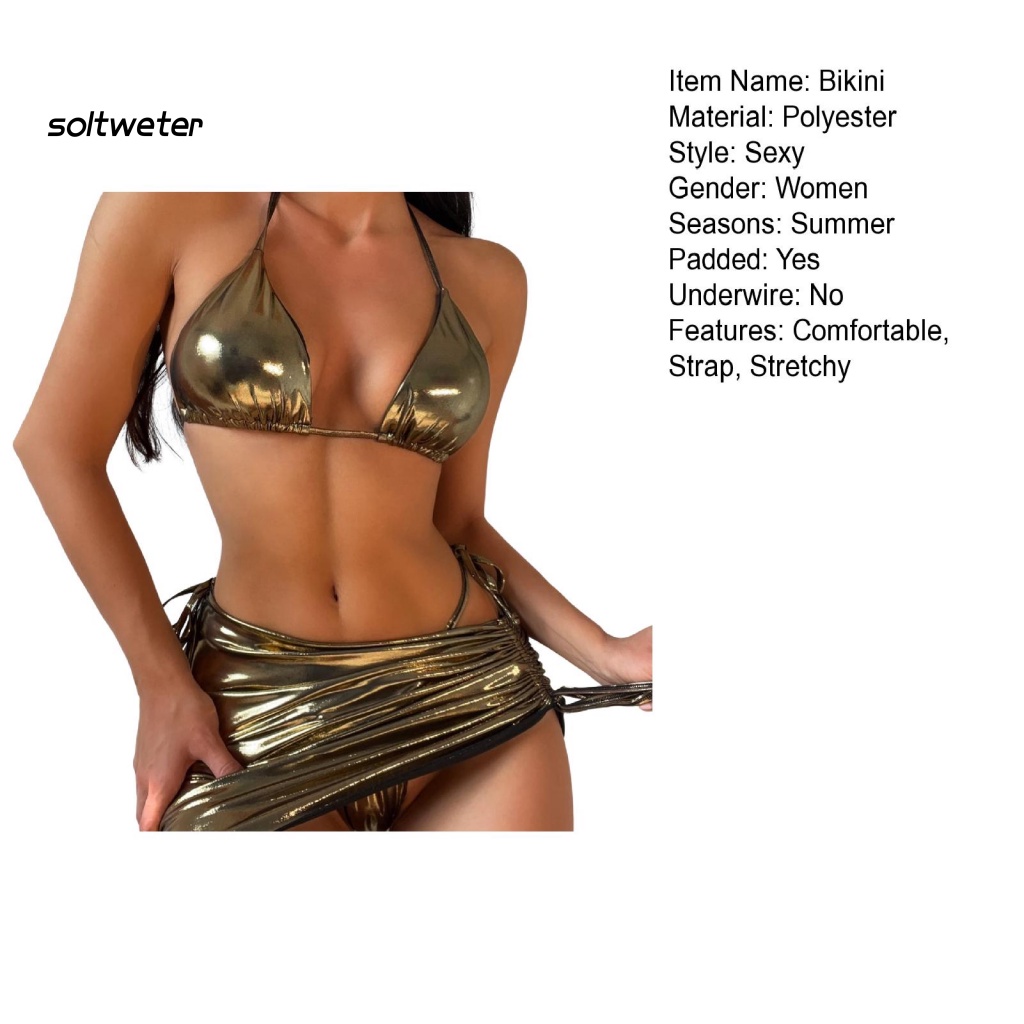 Bộ Đồ Bơi 3 Mảnh Hở Lưng Có Độ Co Giãn Cao Màu Sắc Trơn Thời Trang Cho Nữ