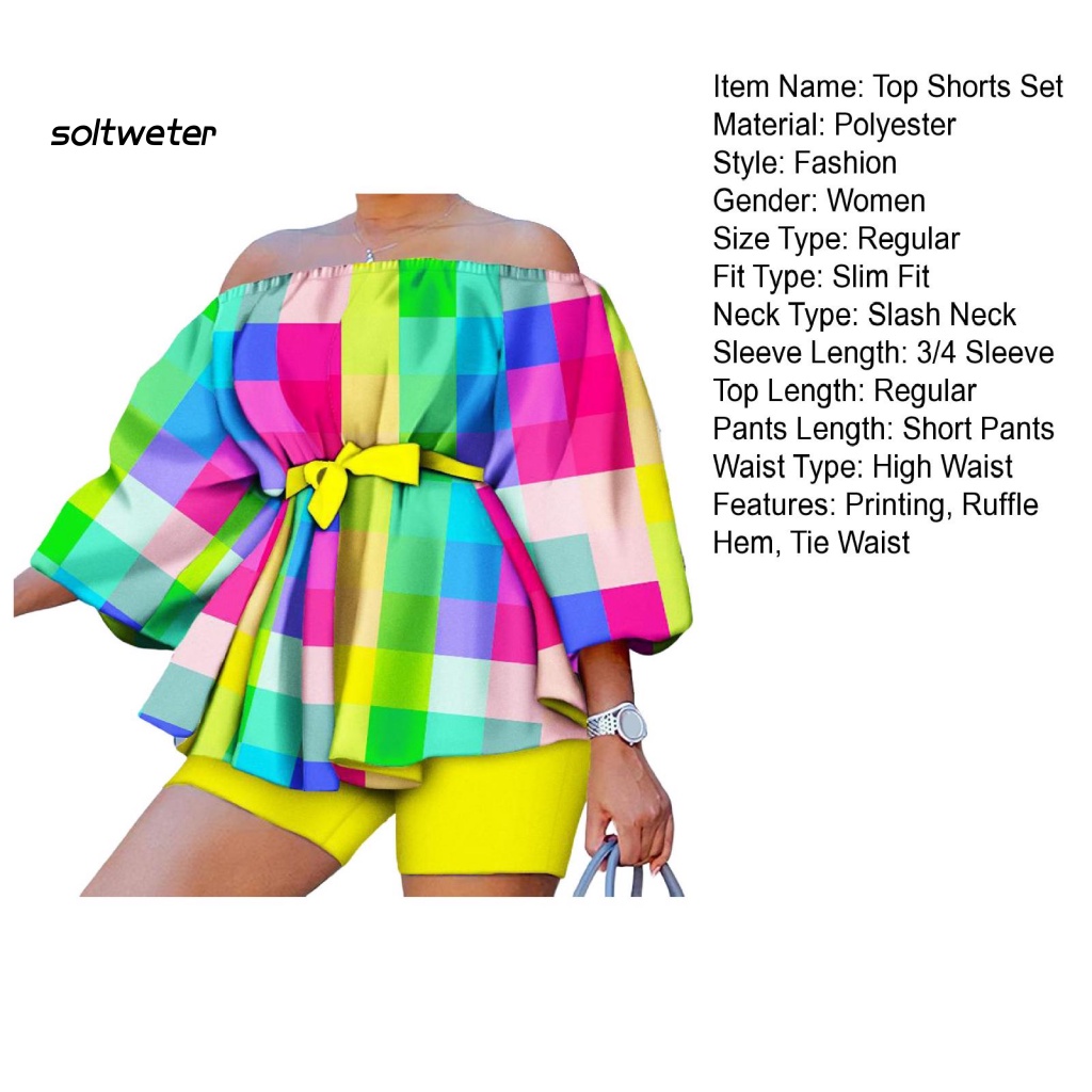 Set Đồ 2 Món Gồm Áo Trễ Vai Tay 3 / 4 Có Diềm Xếp Nếp Và Quần Ngắn Viền Bèo In Họa Tiết Cho Nữ