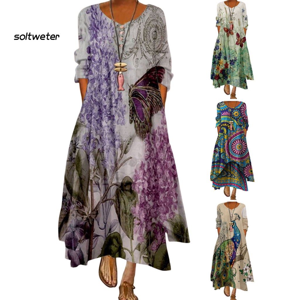 Đầm Maxi Dáng Chữ A Dài Tới Mắt Cá Chân Cổ Tròn Tay Lửng In Họa Tiết Chim Công Kiểu Dân Tộc