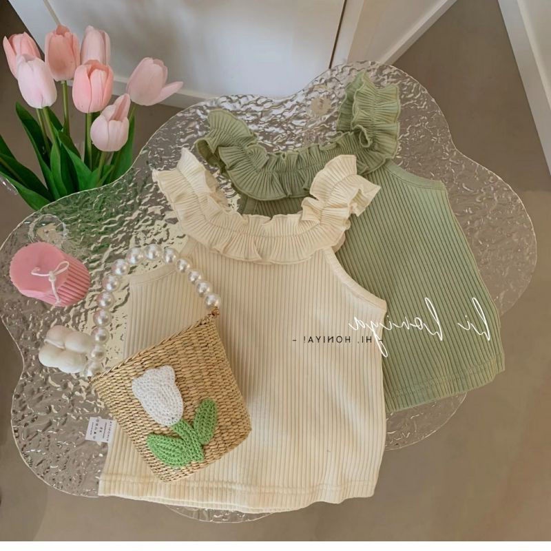 Áo Hai Dây Mùa Hè Nhỏ Màu Trơn Cổ Ren Cho Bé Gái