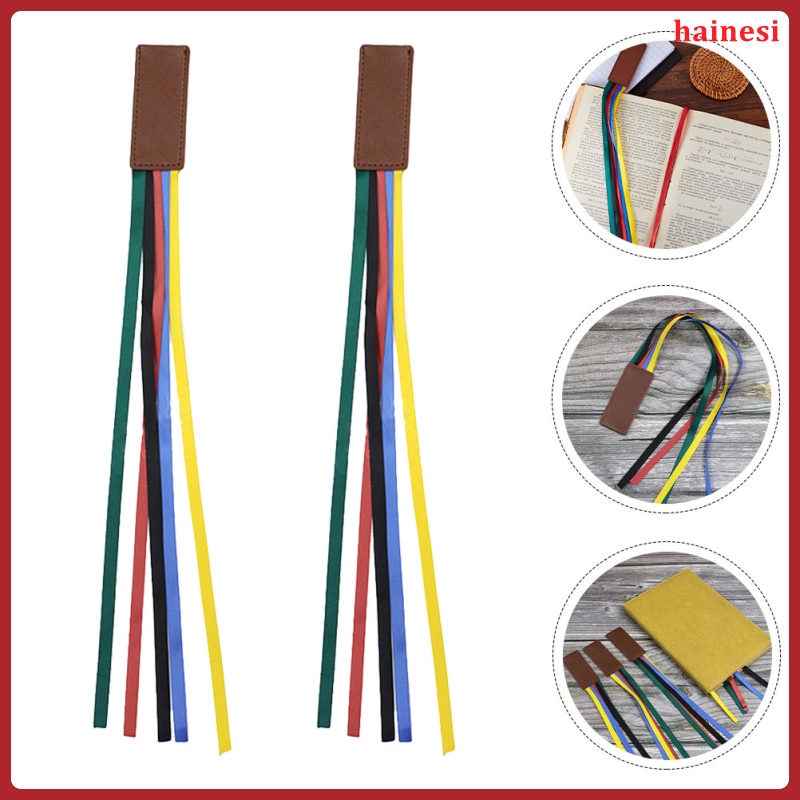 Bộ 2 Thẻ Đánh Dấu Sách Bằng Da Đính Ruy Băng Nhiều Màu Tinh Tế Trang Trí Học Sinh