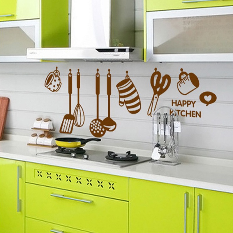 Miếng Dán Tường Vinyl In Chữ Happy Kitchen, Dễ Chùi Rửa