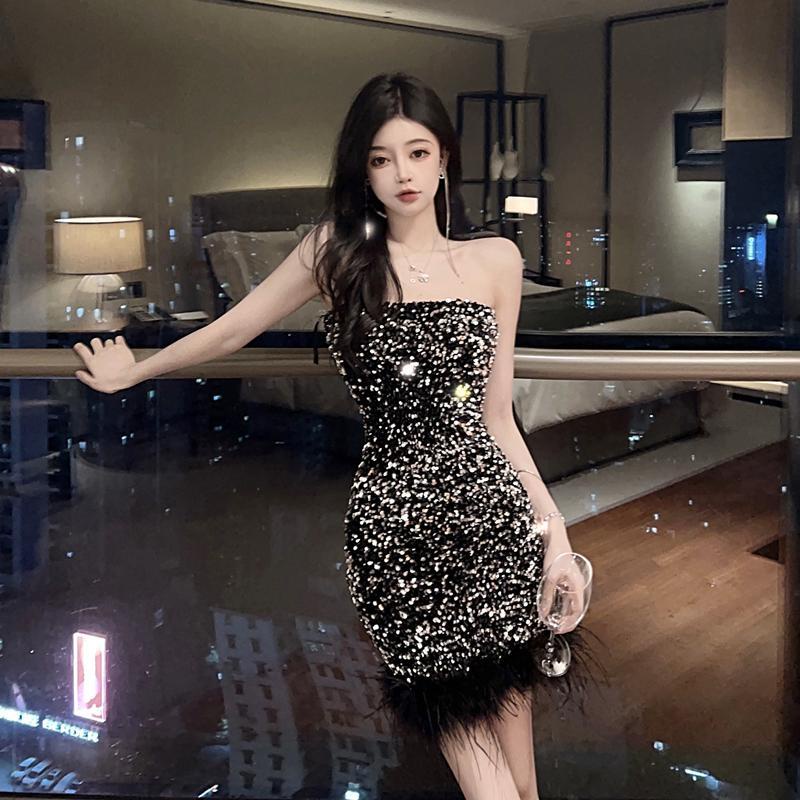 Đầm Ống Ôm Dáng Đính Kim Sa Lông Vũ Lấp Lánh Thời Trang Cho Nữ