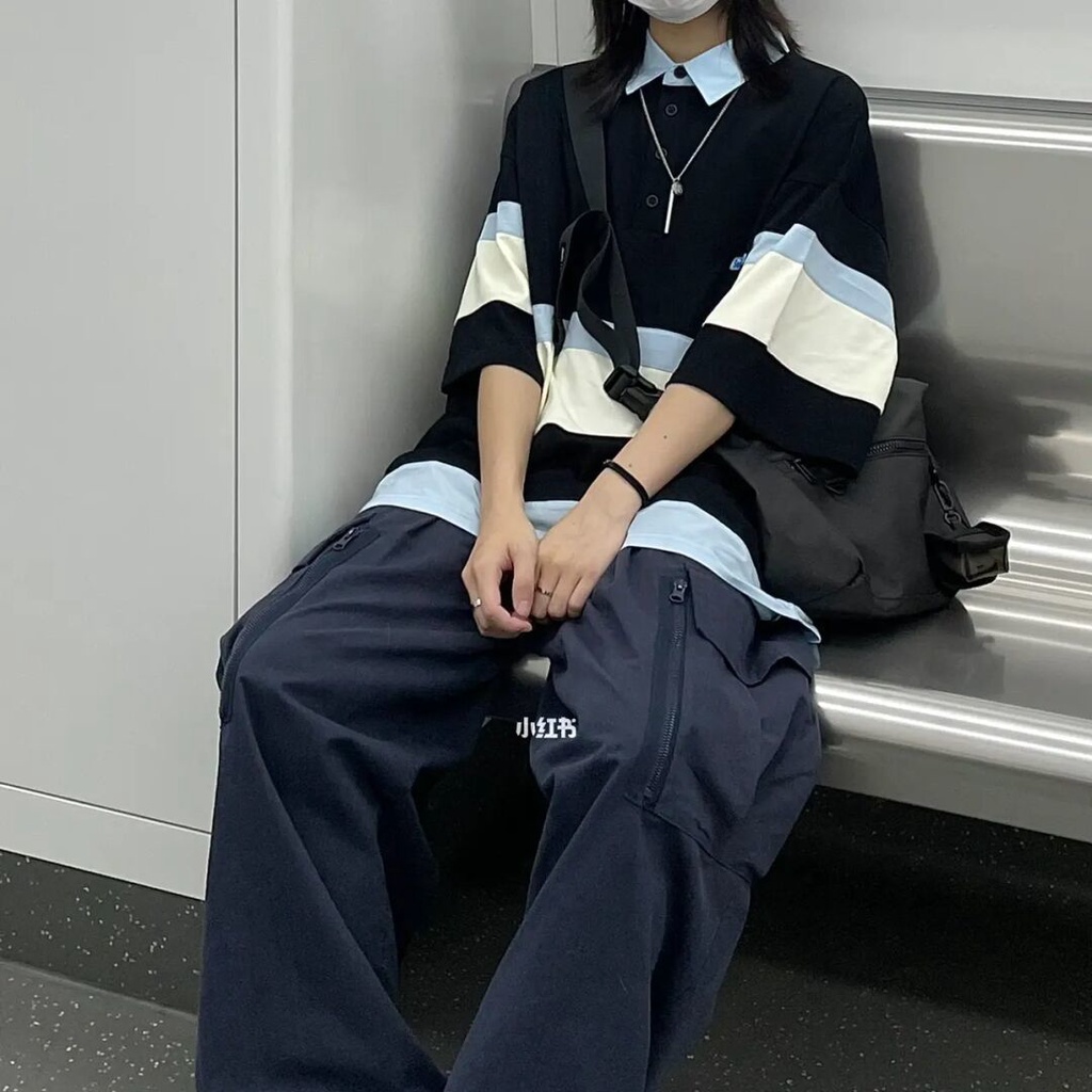 Áo polo Ngắn Tay Dáng Rộng Họa Tiết Kẻ Sọc Thời Trang Mùa Hè Cho Nữ