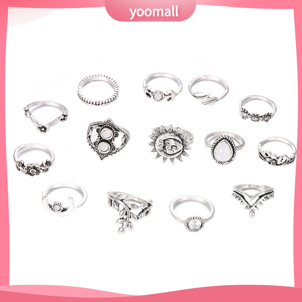 Bộ 14 Nhẫn Đeo Đốt Ngón Tay Họa Tiết Hoa Hướng Dương / Mặt Trăng Phong Cách Vintage Cho Nữ
