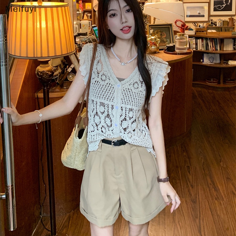 [Meifuyi] Summer Vintage Hollow Out Knitted Top Women Solid Color V Neck Sleeveless Camisole COD