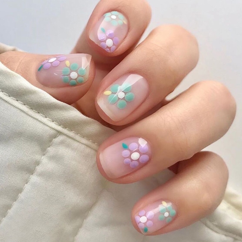 Bộ 24 Móng Tay Giả Ngắn Mờ Họa Tiết Hoa Cúc / Chấm Bi Dễ Thương Chống Nước Có Thể Xé Được