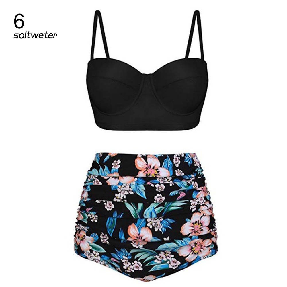 Bộ Bikini Hai Mảnh Lưng Cao In Họa Tiết Hoa Lá Mùa Hè Cho Nữ